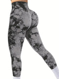 Calças Femininas de Cintura Alta com Efeito Peito e Estampa Tie-Dye, Sem Costura, com Modelagem para Levantar o Bumbum, Legging de Yoga e Fitness com Stretch