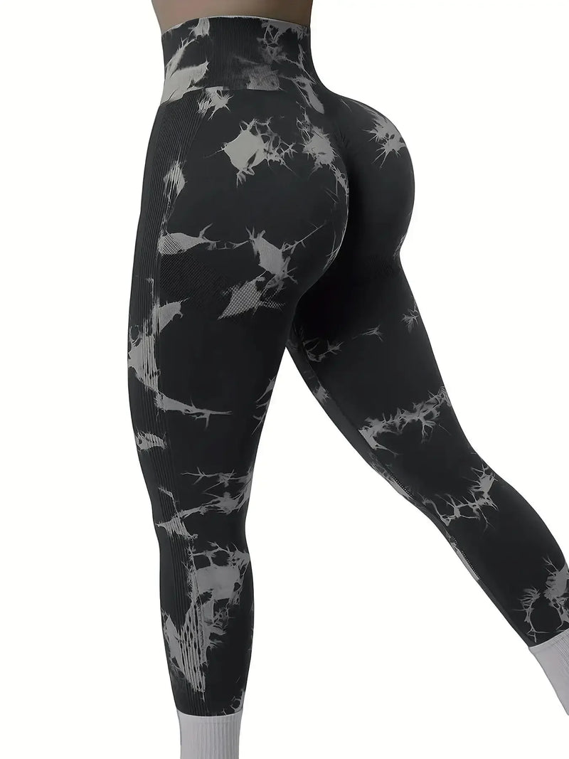 Calças Femininas de Cintura Alta com Efeito Peito e Estampa Tie-Dye, Sem Costura, com Modelagem para Levantar o Bumbum, Legging de Yoga e Fitness com Stretch