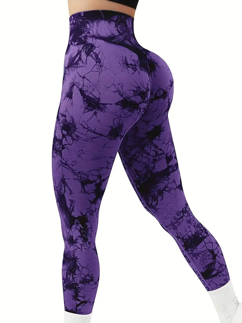 Calças Femininas de Cintura Alta com Efeito Peito e Estampa Tie-Dye, Sem Costura, com Modelagem para Levantar o Bumbum, Legging de Yoga e Fitness com Stretch