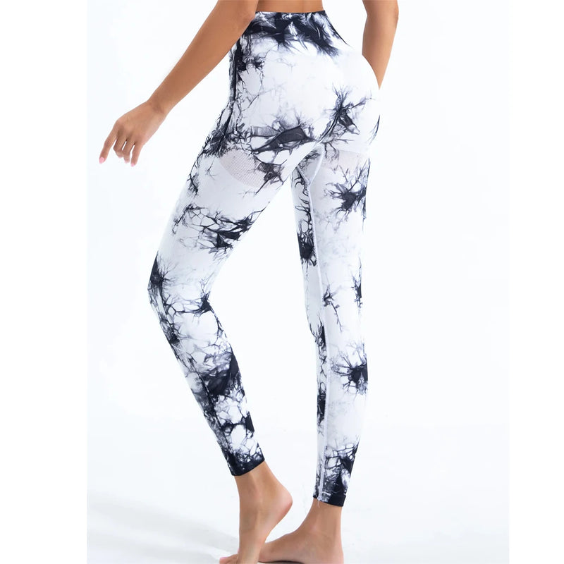 Calças Femininas de Cintura Alta com Efeito Peito e Estampa Tie-Dye, Sem Costura, com Modelagem para Levantar o Bumbum, Legging de Yoga e Fitness com Stretch