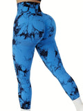 Calças Femininas de Cintura Alta com Efeito Peito e Estampa Tie-Dye, Sem Costura, com Modelagem para Levantar o Bumbum, Legging de Yoga e Fitness com Stretch