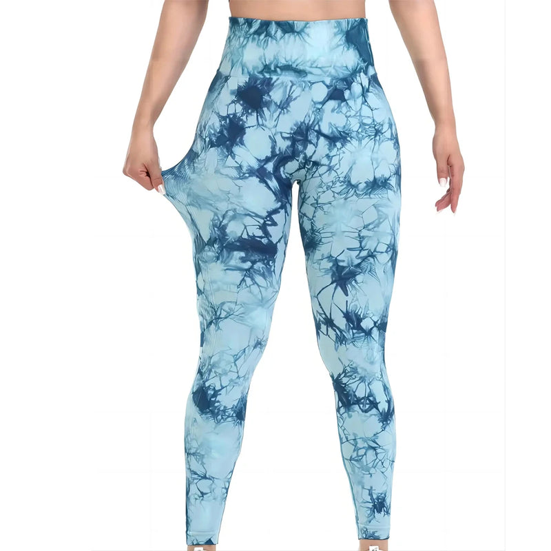 Calças Femininas de Cintura Alta com Efeito Peito e Estampa Tie-Dye, Sem Costura, com Modelagem para Levantar o Bumbum, Legging de Yoga e Fitness com Stretch