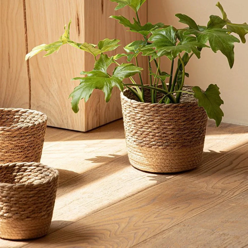 Cesto Floreira Artesanal de Palha e Rattan – Vaso Decorativo de Vime para Jardim e Armazenamento