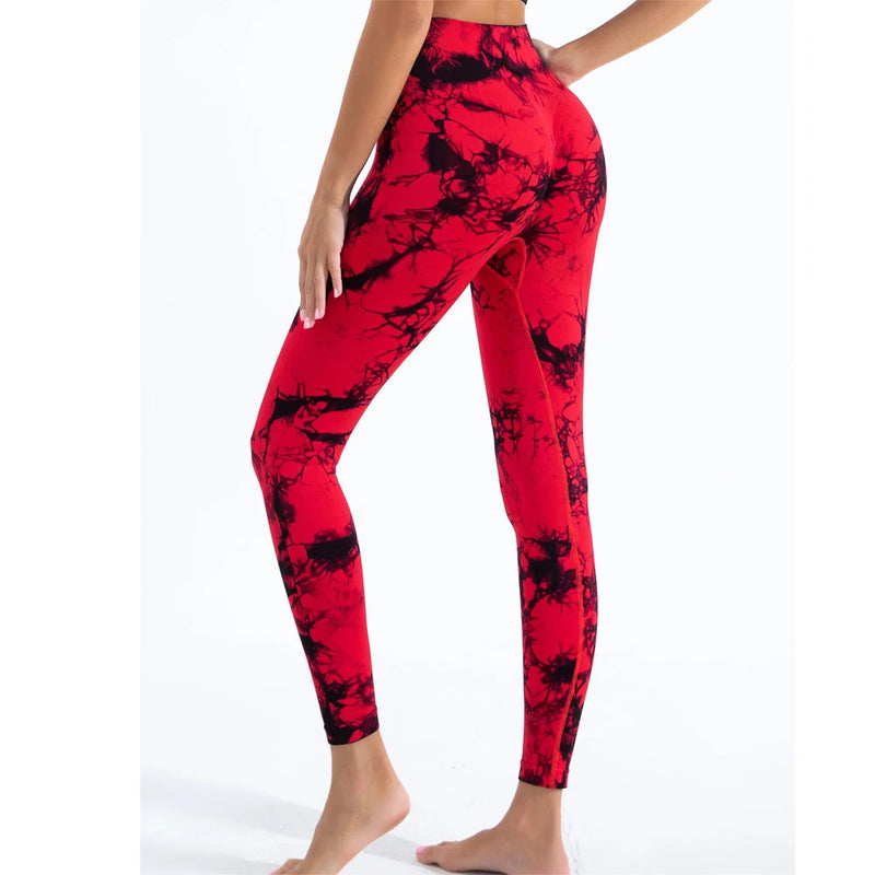 Calças Femininas de Cintura Alta com Efeito Peito e Estampa Tie-Dye, Sem Costura, com Modelagem para Levantar o Bumbum, Legging de Yoga e Fitness com Stretch