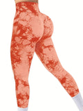 Calças Femininas de Cintura Alta com Efeito Peito e Estampa Tie-Dye, Sem Costura, com Modelagem para Levantar o Bumbum, Legging de Yoga e Fitness com Stretch