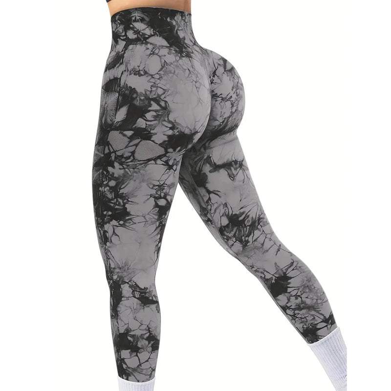 Calças Femininas de Cintura Alta com Efeito Peito e Estampa Tie-Dye, Sem Costura, com Modelagem para Levantar o Bumbum, Legging de Yoga e Fitness com Stretch