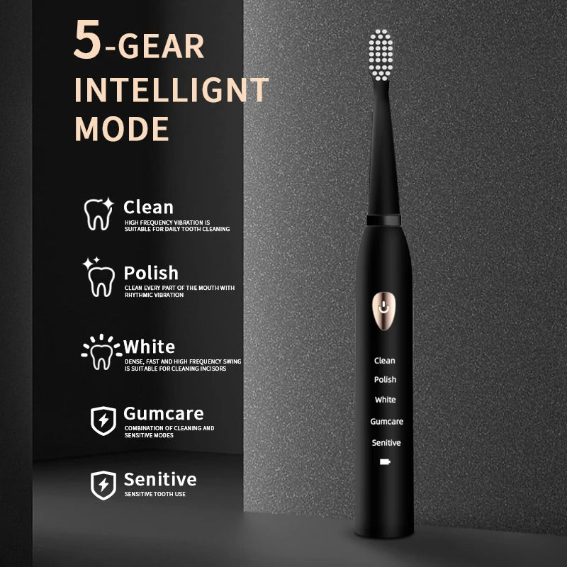 Jianpai-Toothbrush elétrico acústico clássico para adulto, modo 5-Gear, carregamento USB, IPX7 impermeável, preto e branco