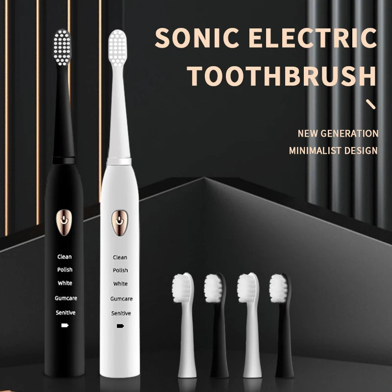 Jianpai-Toothbrush elétrico acústico clássico para adulto, modo 5-Gear, carregamento USB, IPX7 impermeável, preto e branco