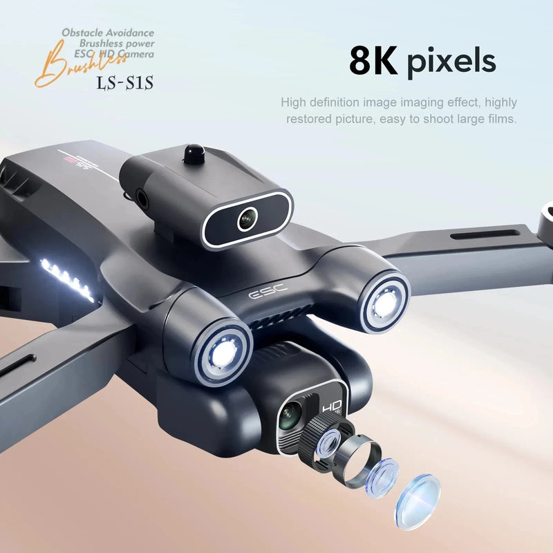 Novo Drone Mini S1S com Câmera 8K Profissional Dual HD, Motor Sem Escovas, Evitamento de Obstáculos, Quadcopter Dobrável - Brinquedo