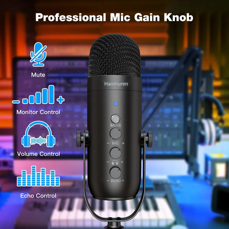 Microfone Profissional USB para Streaming e Podcast, Mic Condensador Cardióide de Estúdio com Suporte Articulado para Gravação no PC, para Twitch e YouTube