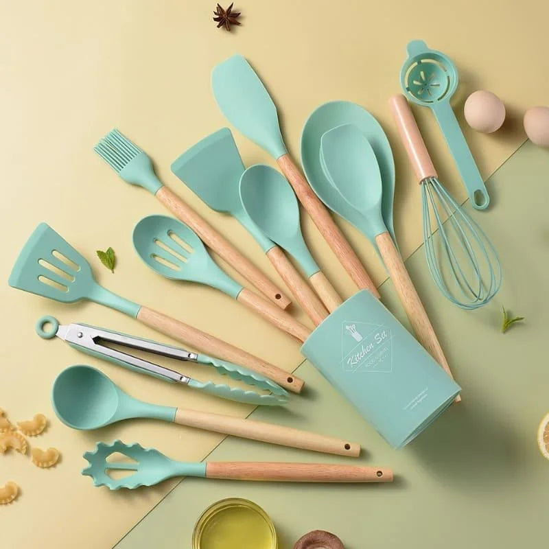 Kit Utensílios de Cozinha 14 Peças Silicone Com Organizador