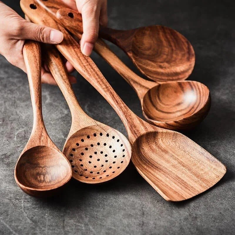 Kit Utensílios de Cozinha 7 Peças de Madeira