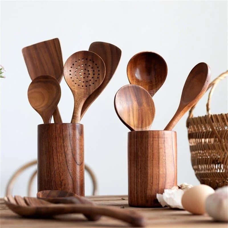 Kit Utensílios de Cozinha 7 Peças de Madeira