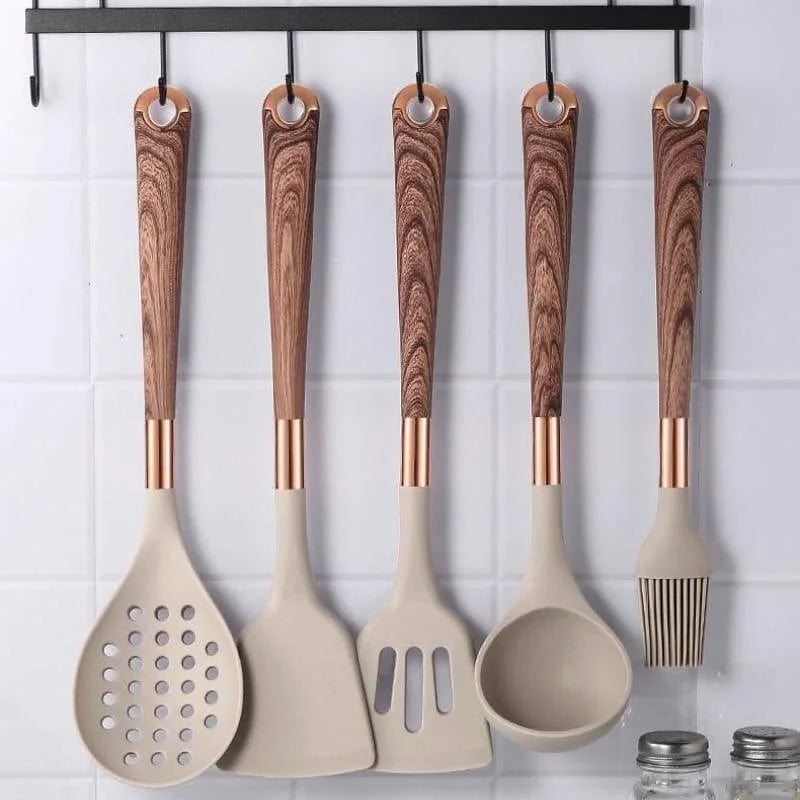 Kit Utensílios de Cozinha Silicone 10 Peças com Organizador Rosé