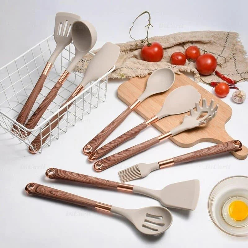 Kit Utensílios de Cozinha Silicone 10 Peças com Organizador Rosé