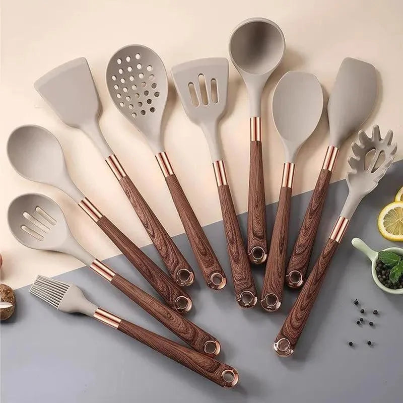 Kit Utensílios de Cozinha Silicone 10 Peças com Organizador Rosé