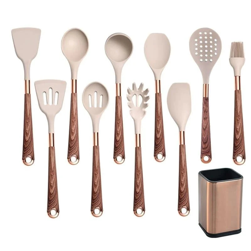 Kit Utensílios de Cozinha Silicone 10 Peças com Organizador Rosé