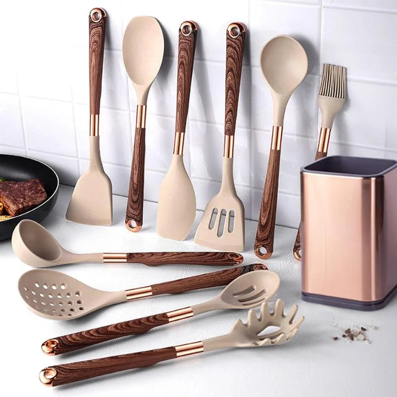 Kit Utensílios de Cozinha Silicone 10 Peças com Organizador Rosé