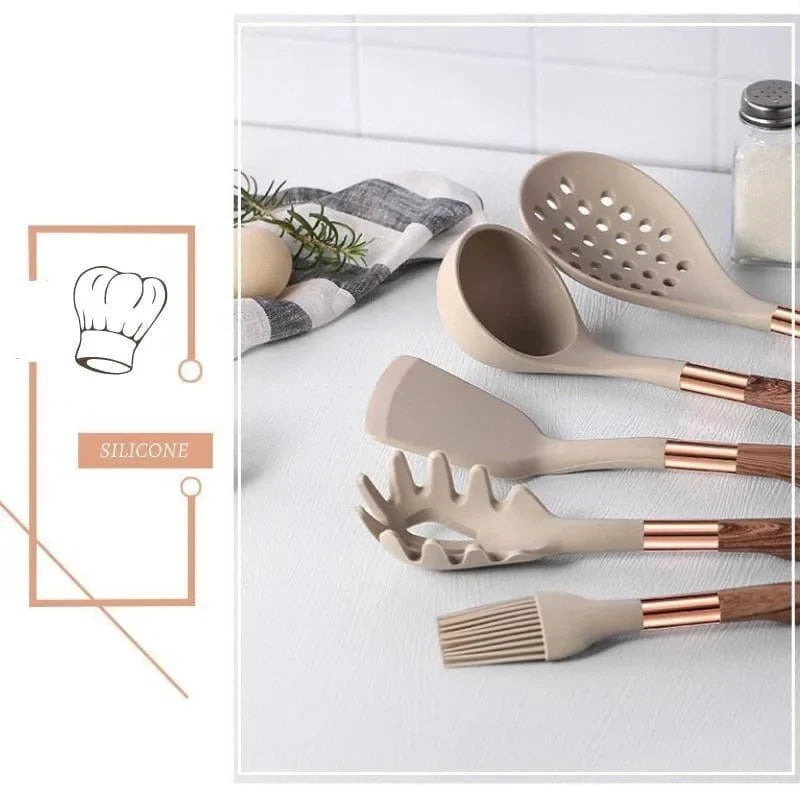 Kit Utensílios de Cozinha Silicone 10 Peças com Organizador Rosé