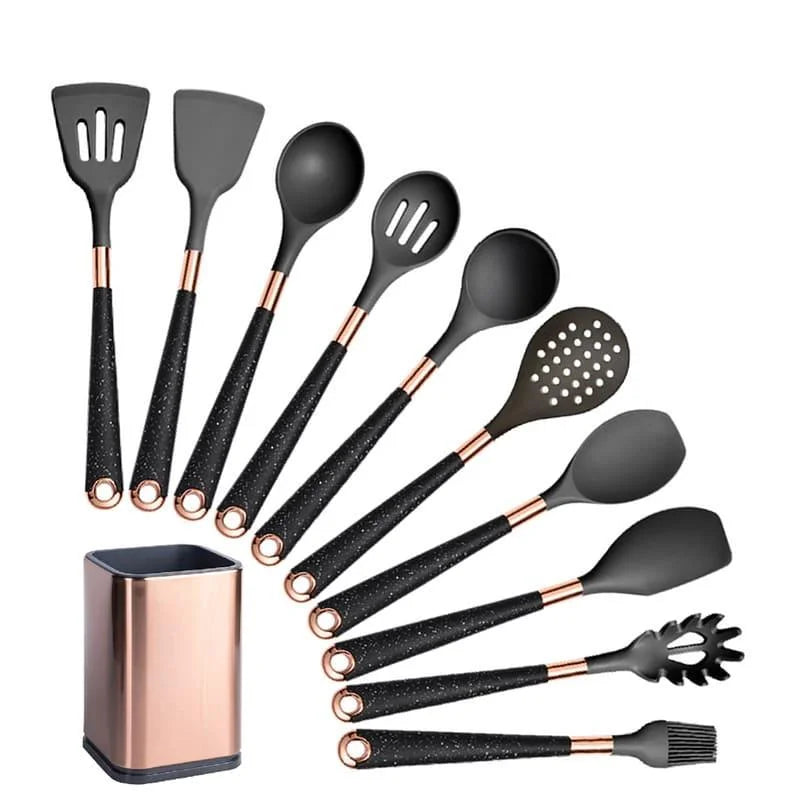 Kit Utensílios de Cozinha Silicone 10 Peças com Organizador Rosé