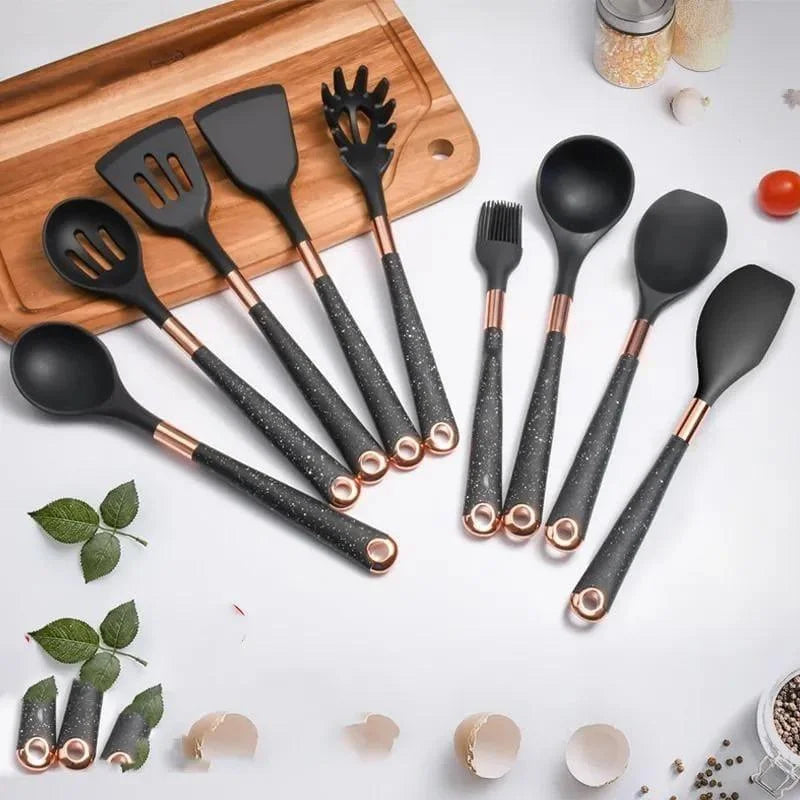 Kit Utensílios de Cozinha Silicone 10 Peças com Organizador Rosé