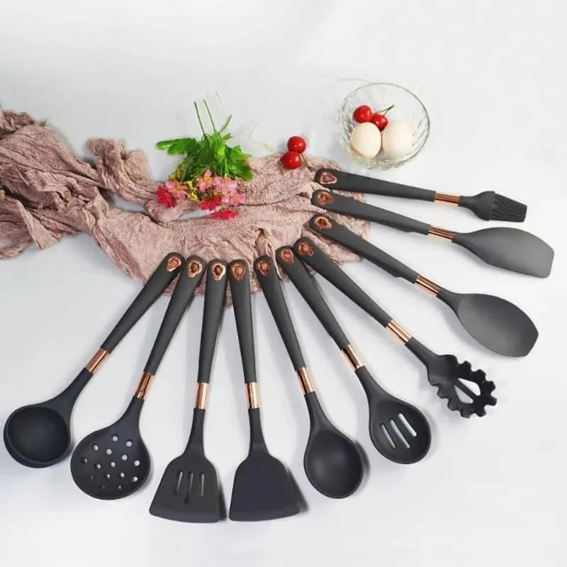 Kit Utensílios de Cozinha Silicone 10 Peças com Organizador Rosé