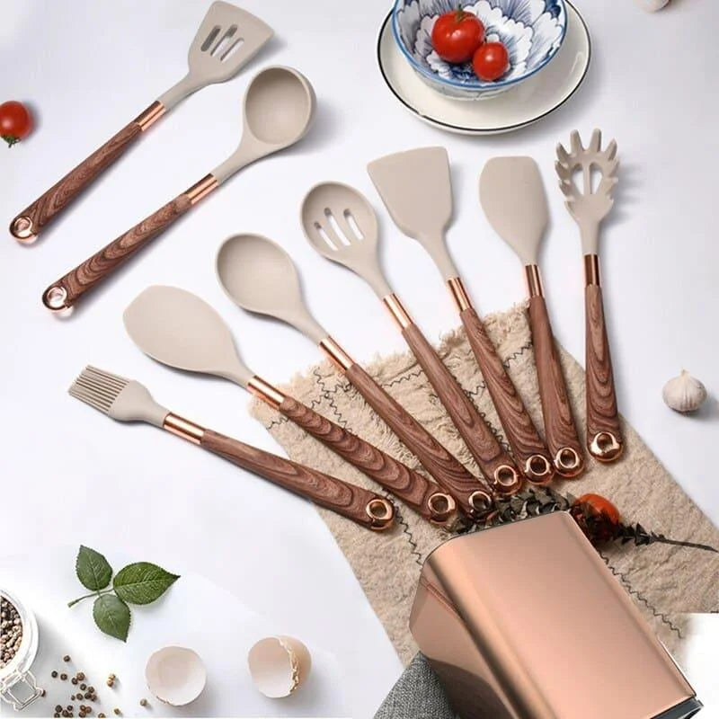 Kit Utensílios de Cozinha Silicone 10 Peças com Organizador Rosé